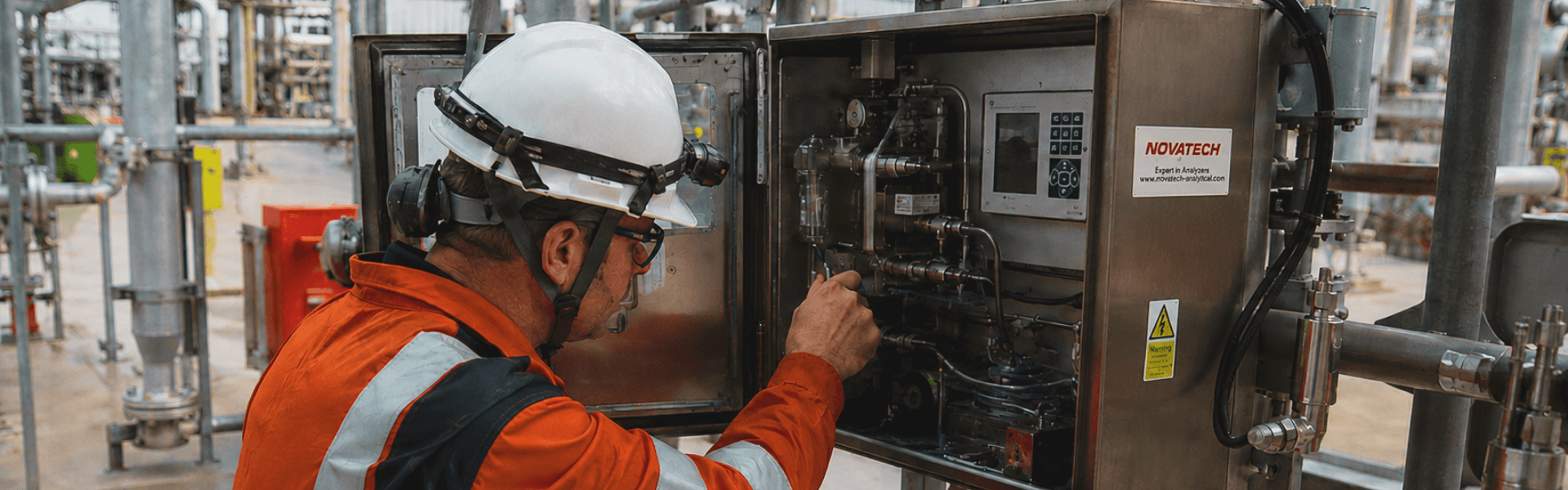 Novatech service technician performing field maintenance on industrial analytical instrumentation at a customer site - Novatech